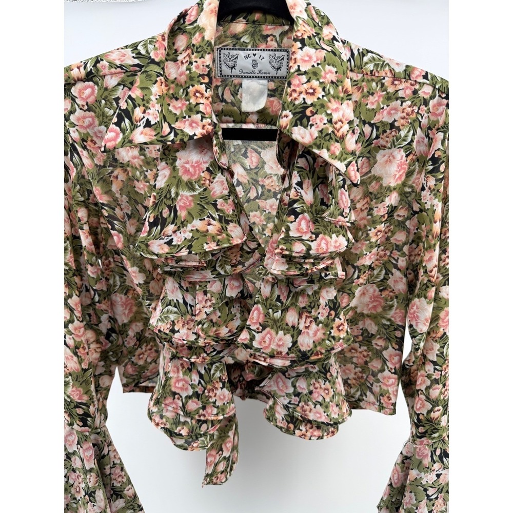 Vintage 90s Floral Tie Front Crop Top Bell Sleeve Ruffle Festival Boho Small - Picture 3 of 10
